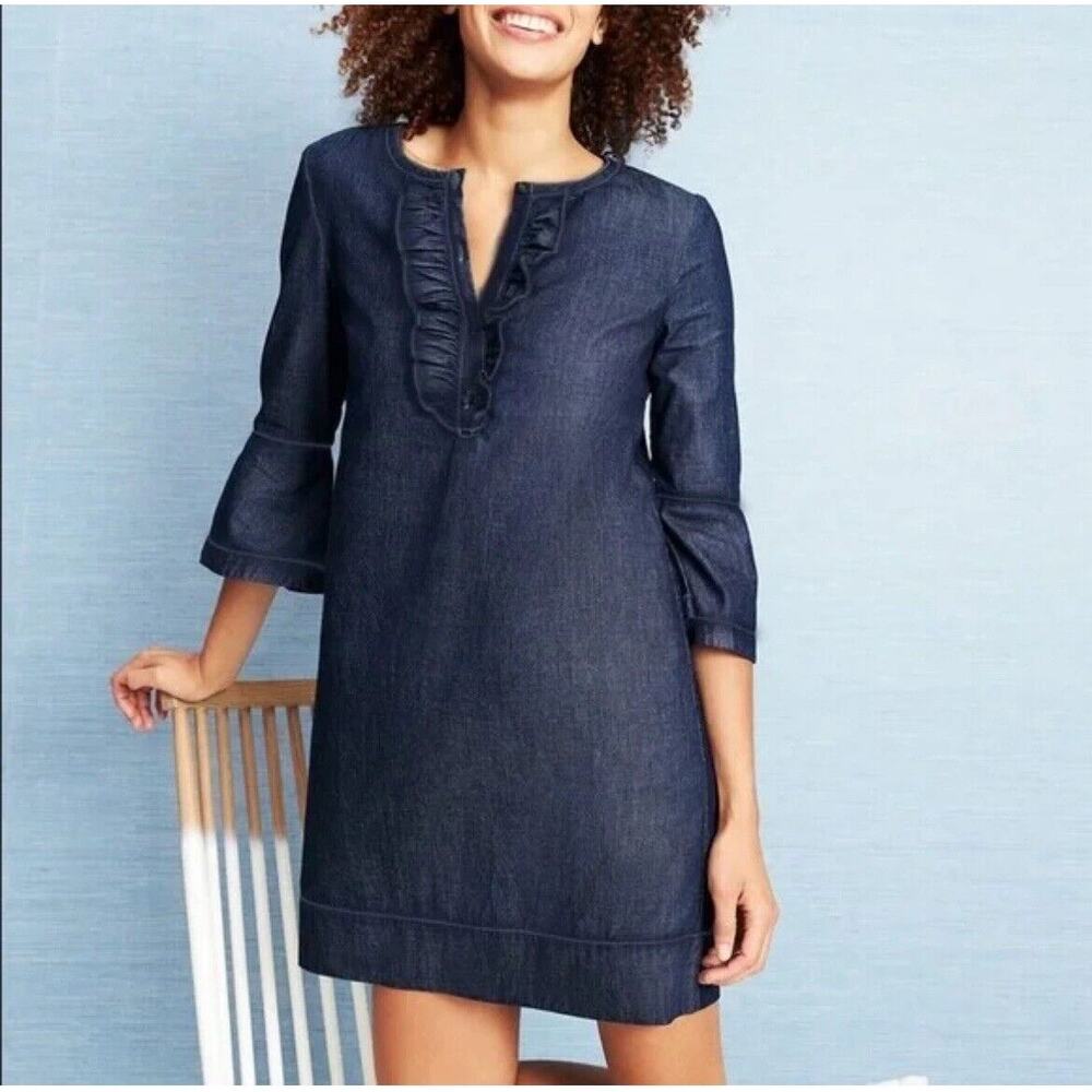 Draper James Dress Bell Sleeve Button Front Denim‎ Chambray Ruffle Shift Size 6